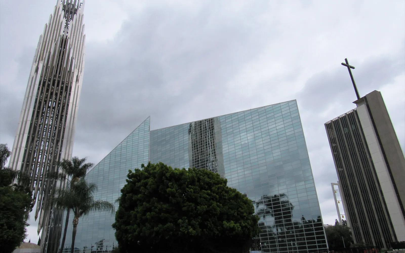 Christ Cathedral campus in Garden Grove beneath an overcast sky
